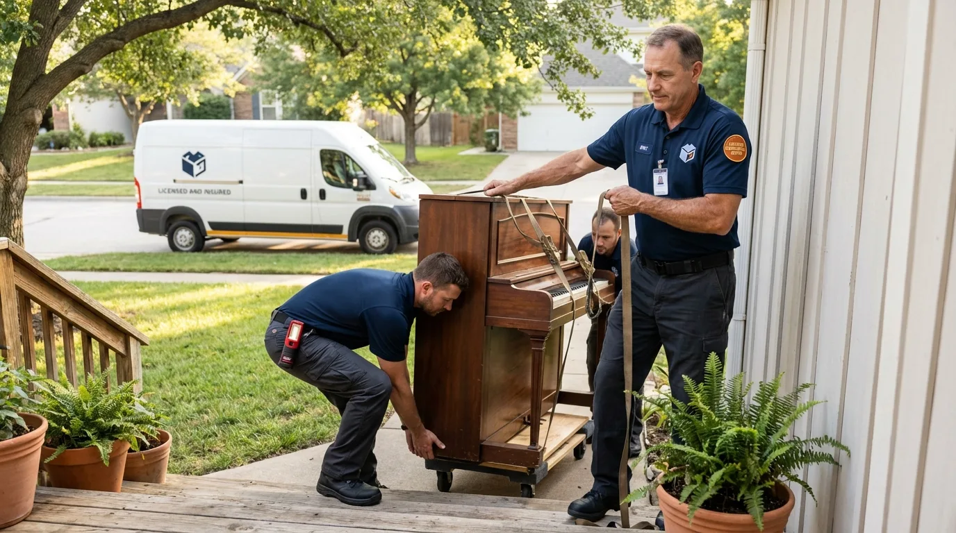 Licensed piano movers securing grand piano in Plaistow, NH