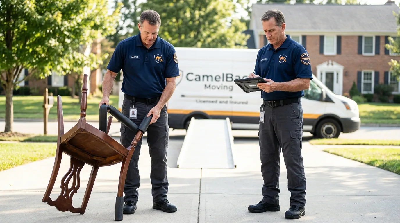 Movers inspecting furniture for damage prevention before loading in Plaistow, NH