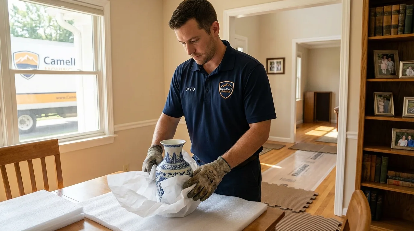 Professional crew carefully wrapping antique vase for senior downsizing move in Plaistow, NH